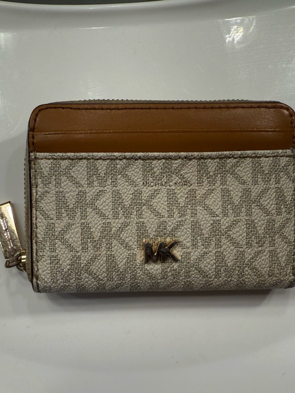 Michael Kors Beige Monogram Zip-Around Wallet with Brown Trim